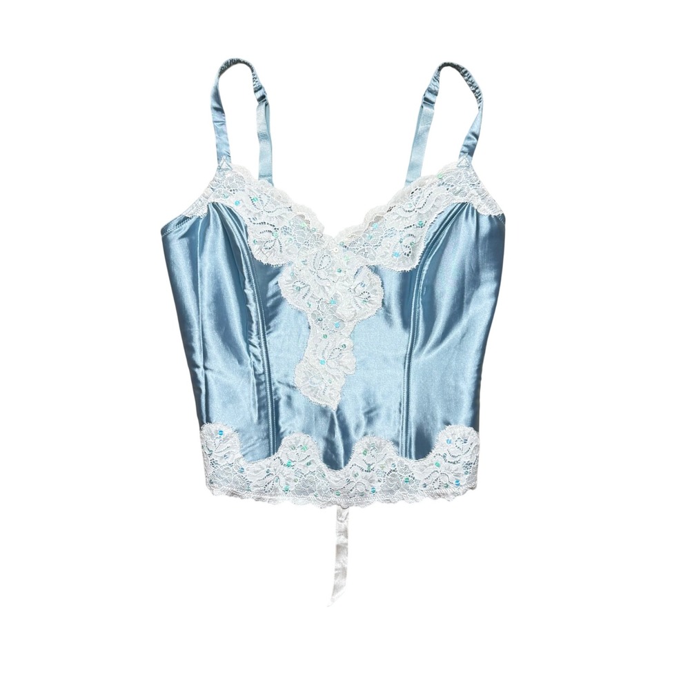 Cacique Blue Satin Lace Corset Top Sequin Lace Up Back